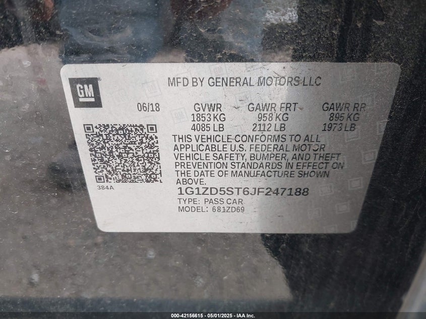 2018 CHEVROLET MALIBU VIN: 1G1ZD5ST6JF247188
