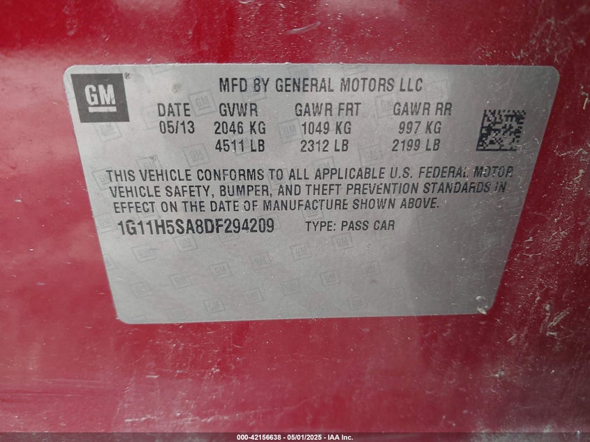 2013 CHEVROLET MALIBU VIN: 1G11H5SA8DF294209