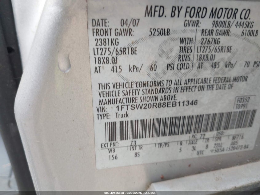 2008 Ford F-250 King Ranch/Lariat/Xl/Xlt VIN: 1FTSW20R88EB11346 Lot: 42156668