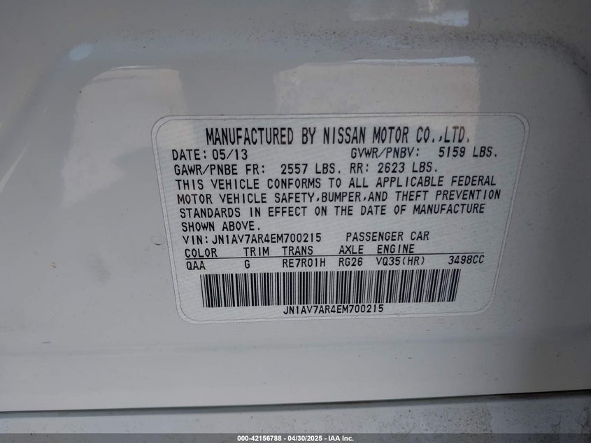 2014 INFINITI Q50 VIN: JN1AV7AR4EM700215