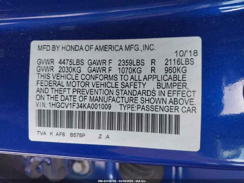 2019 Honda Accord Sport VIN: 1HGCV1F34KA001009 Lot: 42156795