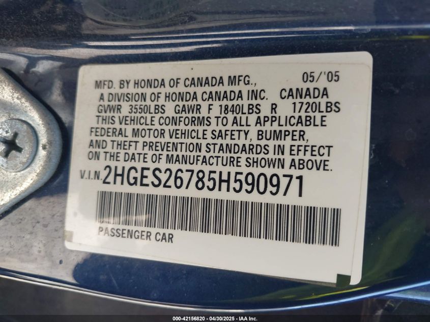 2005 Honda Civic Ex VIN: 2HGES26785H590971 Lot: 42156820