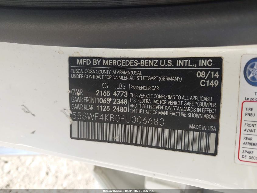 2015 Mercedes-Benz C 300 4Matic/Luxury 4Matic/Sport 4Matic VIN: 55SWF4KB0FU006680 Lot: 42156843