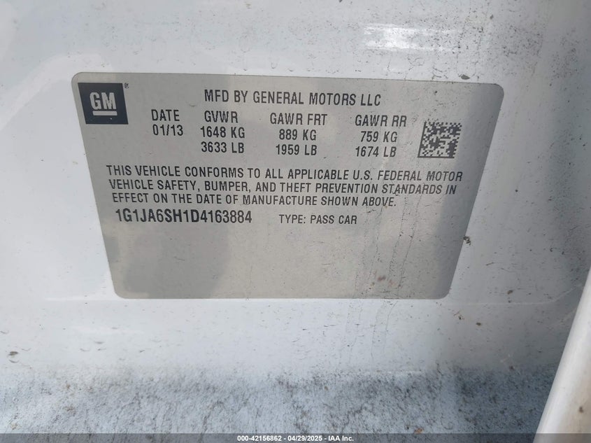 2013 CHEVROLET SONIC VIN: 1G1JA6SH1D4163884