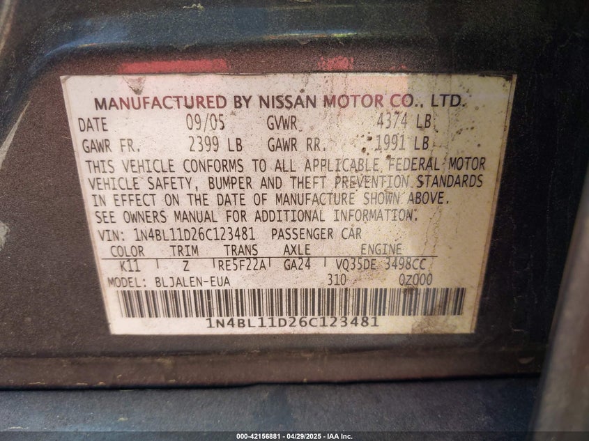 2006 NISSAN ALTIMA VIN: 1N4BL11D26C123481