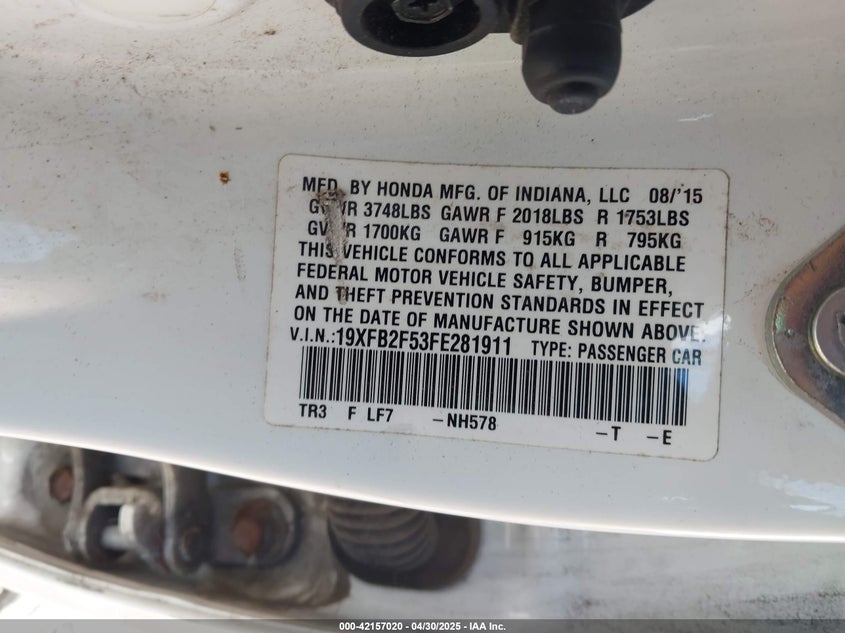 2015 HONDA CIVIC VIN: 19XFB2F53FE281911