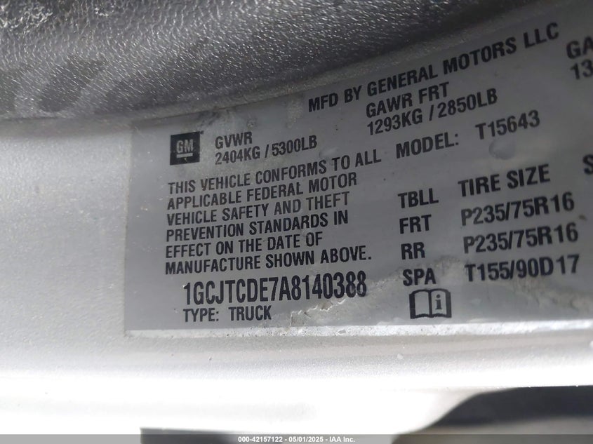 2010 CHEVROLET COLORADO VIN: 1GCJTCDE7A8140388