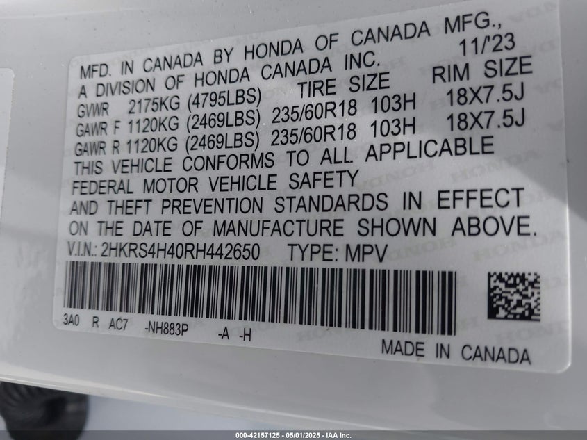 2024 HONDA CR-V VIN: 2HKRS4H40RH442650