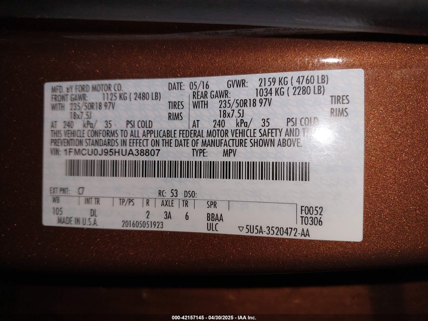 2017 FORD ESCAPE VIN: 1FMCU0J95HUA38807