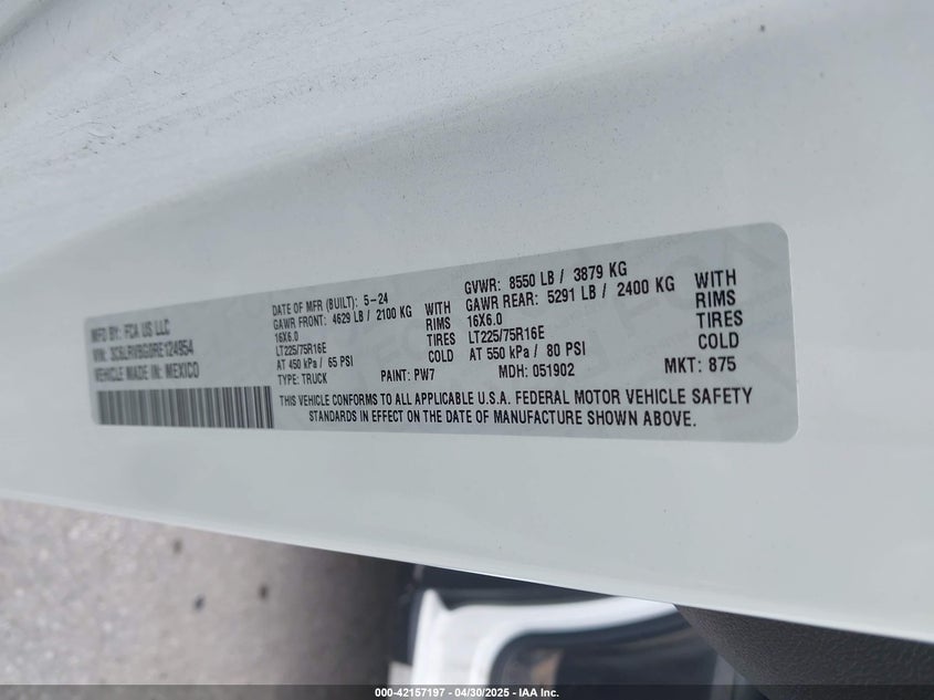 2024 RAM PROMASTER 1500 TRADESMAN HIGH ROOF 136 WB W/PASS SEAT - 3C6LRVBG0RE124954