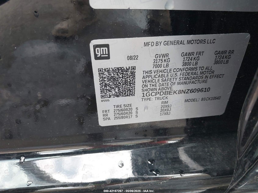 2022 CHEVROLET SILVERADO 1500 VIN: 1GCPDBEK8NZ609610