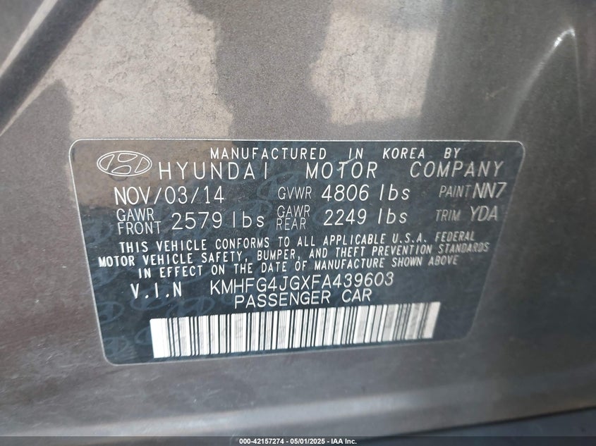 2015 Hyundai Azera VIN: KMHFG4JGXFA439603 Lot: 42157274