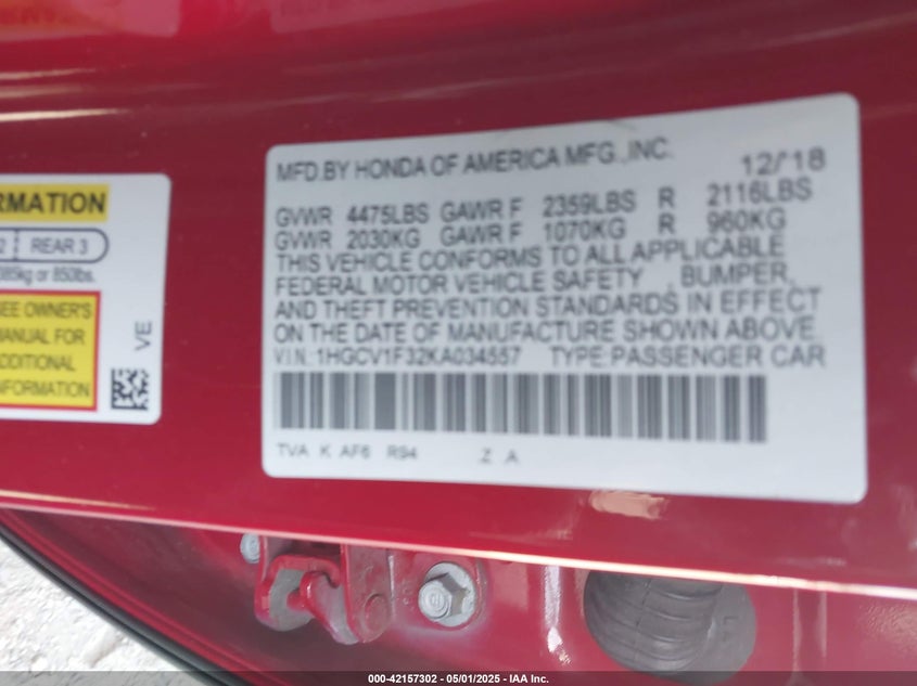 2019 HONDA ACCORD SPORT - 1HGCV1F32KA034557