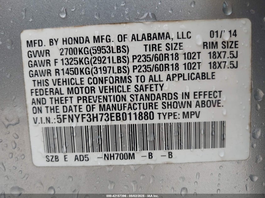 2014 HONDA PILOT EX-L - 5FNYF3H73EB011880