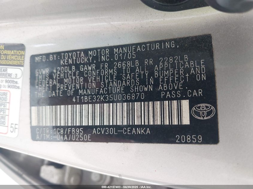 2005 Toyota Camry Le VIN: 4T1BE32K35U036870 Lot: 42157403
