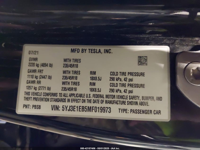 2021 TESLA MODEL 3 VIN: 5YJ3E1EB5MF019973