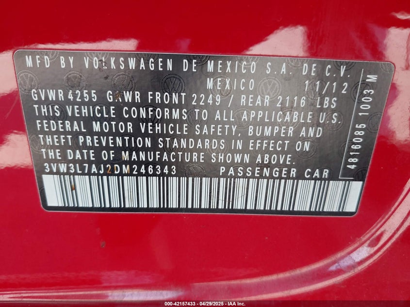 2013 VOLKSWAGEN JETTA VIN: 3VW3L7AJ2DM246343