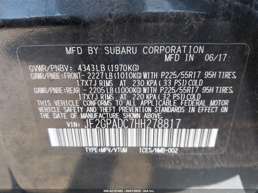 2017 SUBARU CROSSTREK VIN: JF2GPADC7HH278817