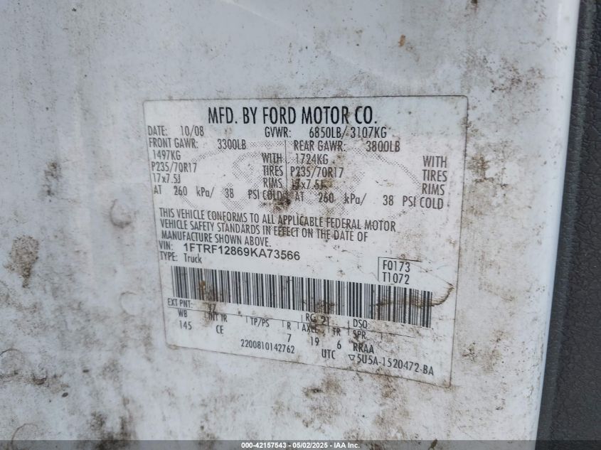 2009 Ford F-150 Xl/Xlt VIN: 1FTRF12869KA73566 Lot: 42157543