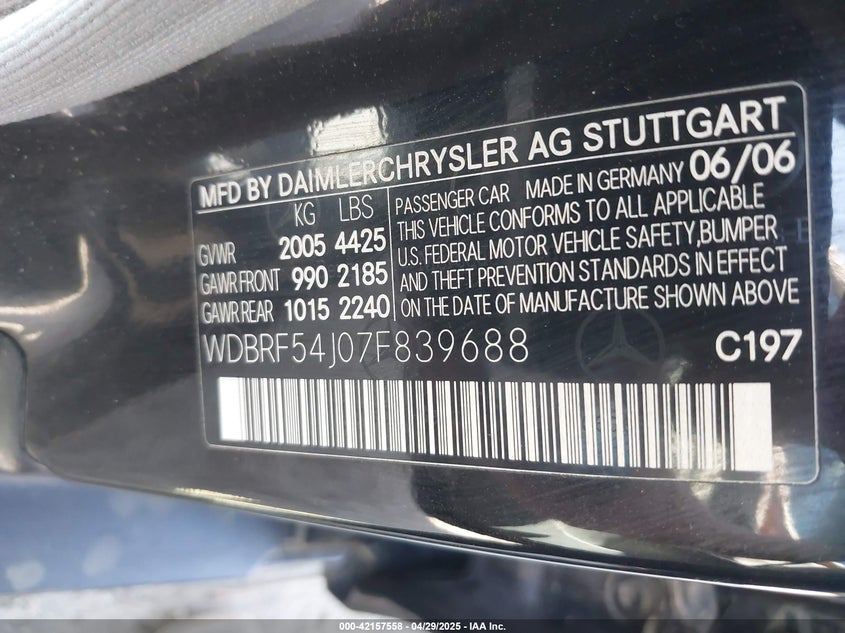 2007 MERCEDES-BENZ C 280 VIN: WDBRF54J07F839688