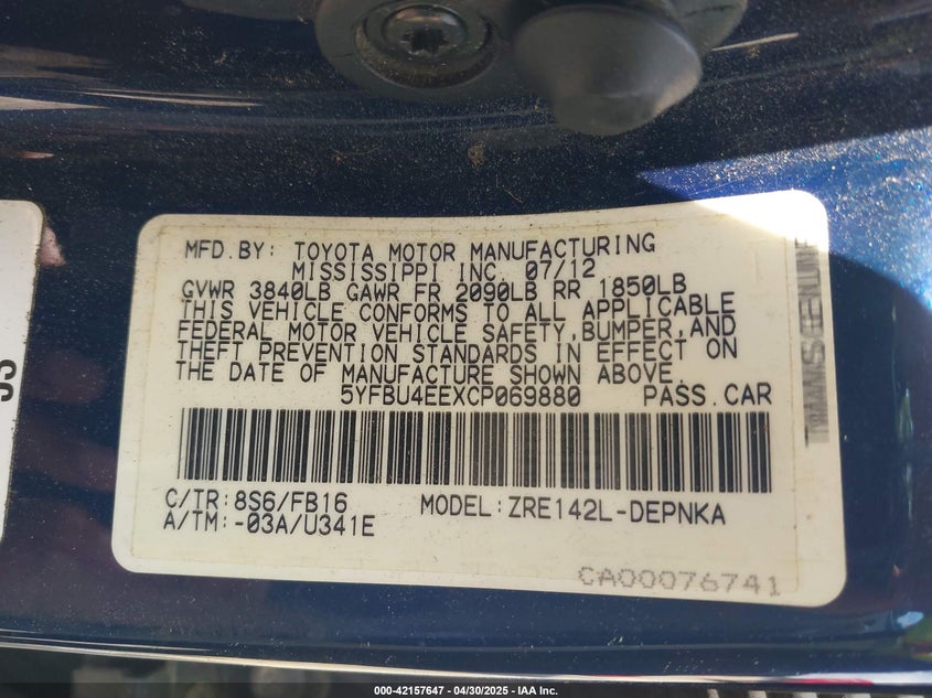 2012 TOYOTA COROLLA VIN: 5YFBU4EEXCP069880