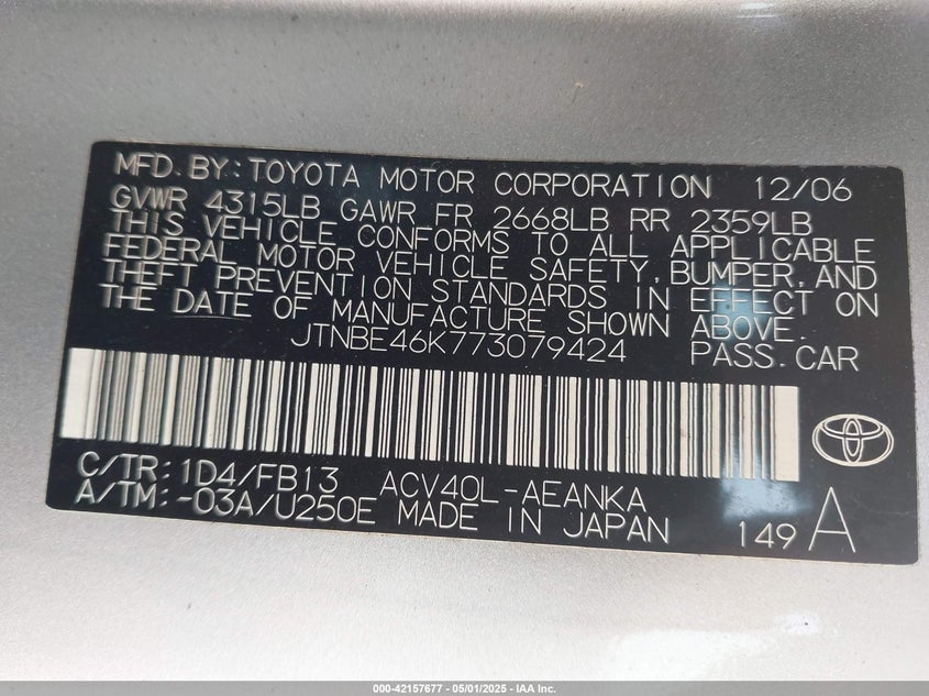 2007 TOYOTA CAMRY VIN: JTNBE46K773079424