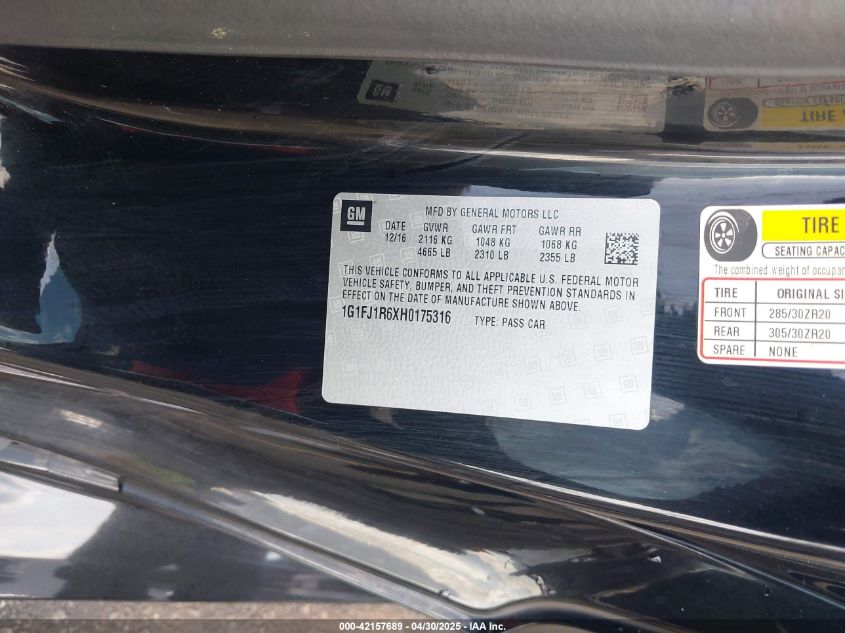 2017 Chevrolet Camaro Zl1 VIN: 1G1FJ1R6XH0175316 Lot: 42157689