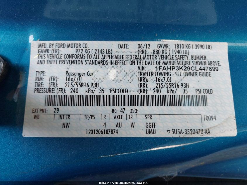 2012 Ford Focus Se VIN: 1FAHP3K29CL447899 Lot: 42157728