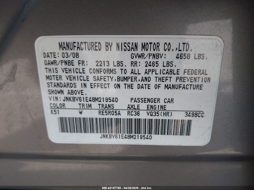 2008 Infiniti G35 Journey VIN: JNKBV61E48M219540 Lot: 42157760