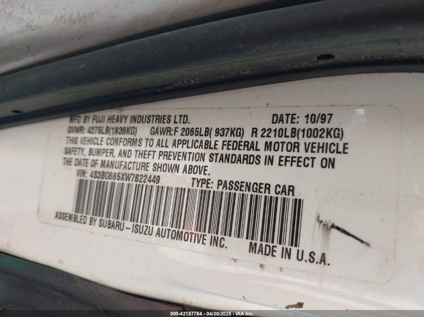 1998 Subaru Legacy Outback/Outback Limited/Outback Sport VIN: 4S3BG685XW7622449 Lot: 42157764