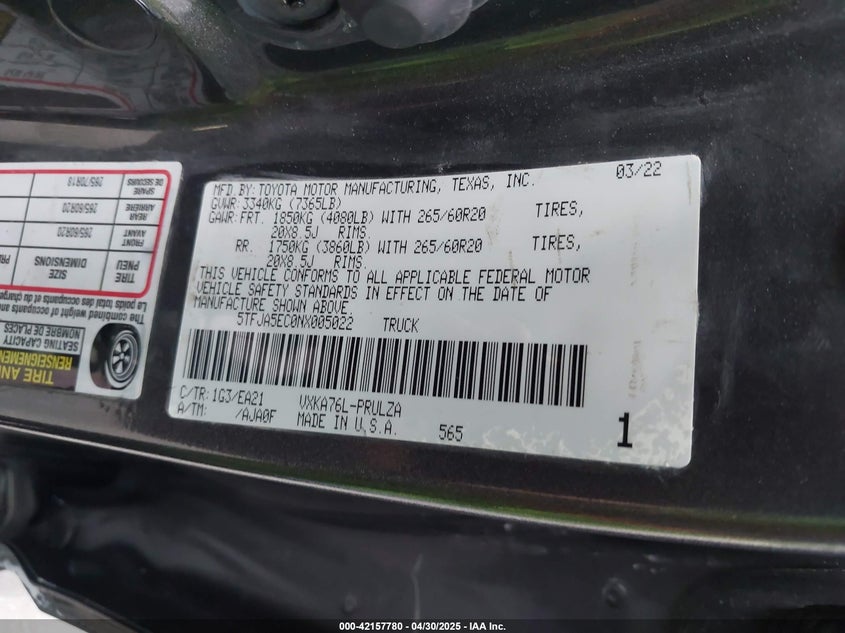 2022 TOYOTA TUNDRA VIN: 5TFJA5EC0NX005022