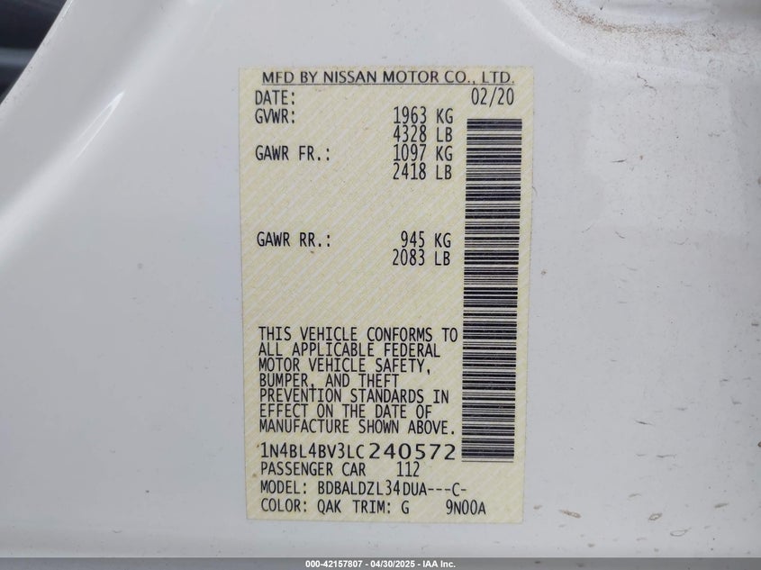 2020 NISSAN ALTIMA VIN: 1N4BL4BV3LC240572