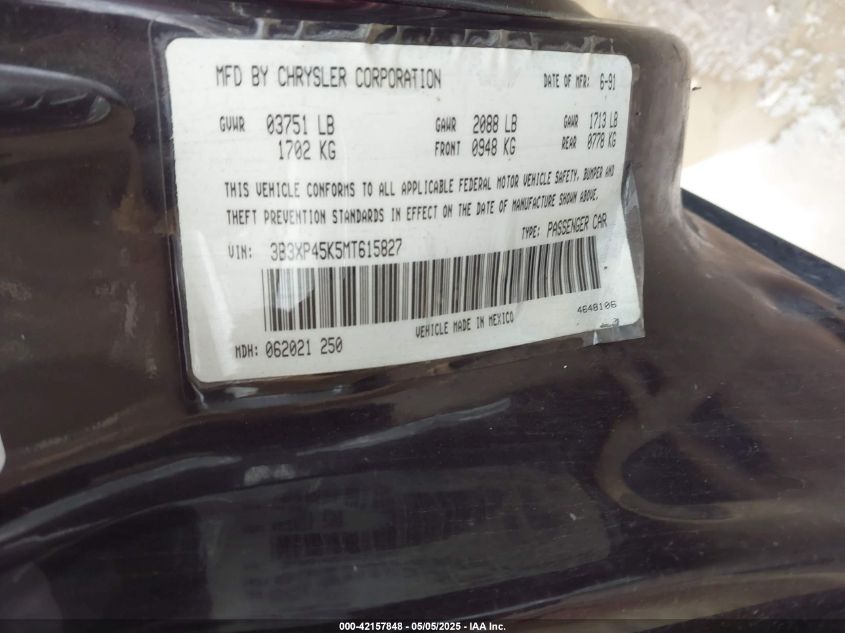 1991 Dodge Shadow VIN: 3B3XP4K5MT615827 Lot: 42157848