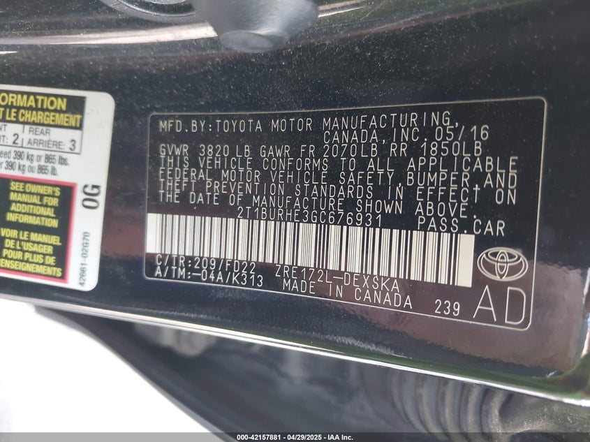 2016 TOYOTA COROLLA VIN: 2T1BURHE3GC676931