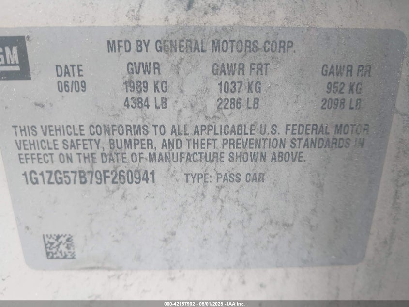 2009 CHEVROLET MALIBU VIN: 1G1ZG57B79F260941