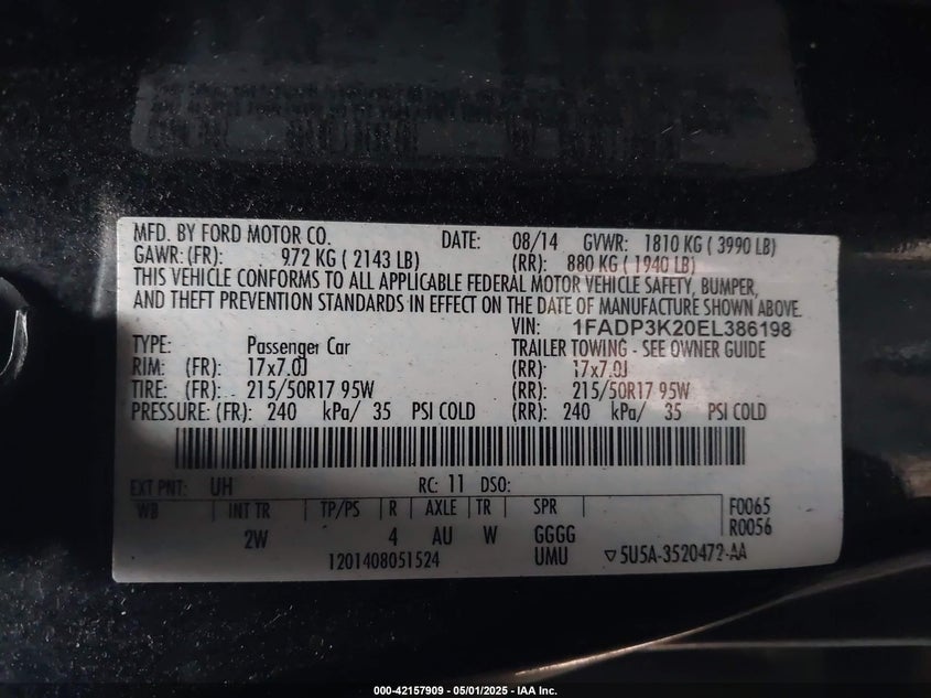 2014 FORD FOCUS VIN: 1FADP3K20EL386198