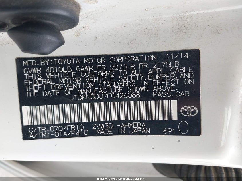 2015 TOYOTA PRIUS VIN: JTDKN3DU7F0426088