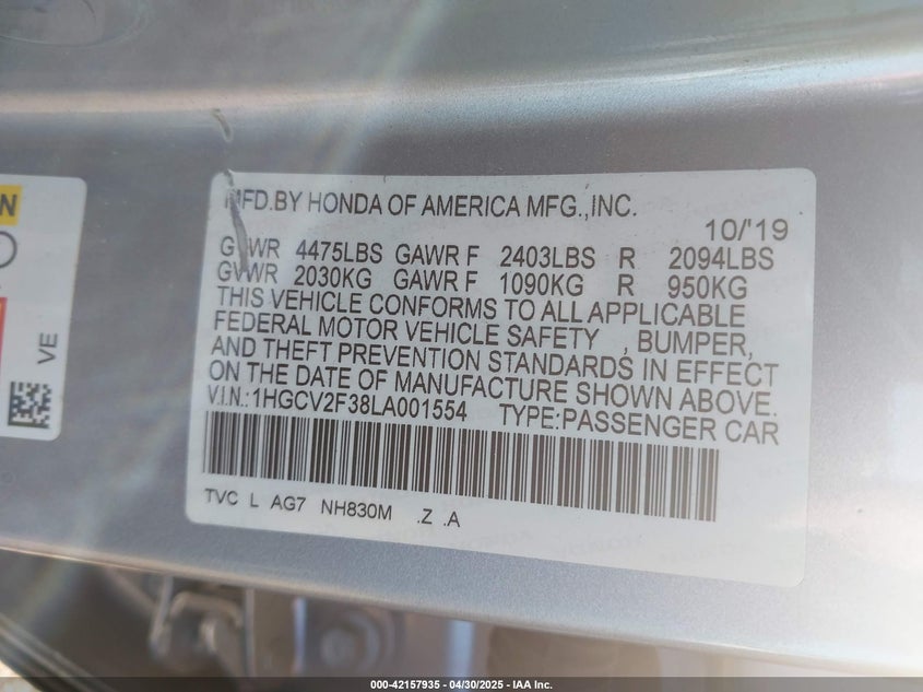 2020 HONDA ACCORD SPORT 2.0T - 1HGCV2F38LA001554