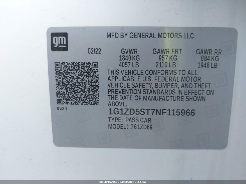 2022 CHEVROLET MALIBU VIN: 1G1ZD5ST7NF115966