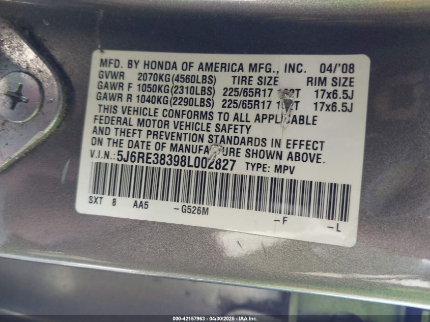 2008 Honda Cr-V Lx VIN: 5J6RE38398L002827 Lot: 42157963