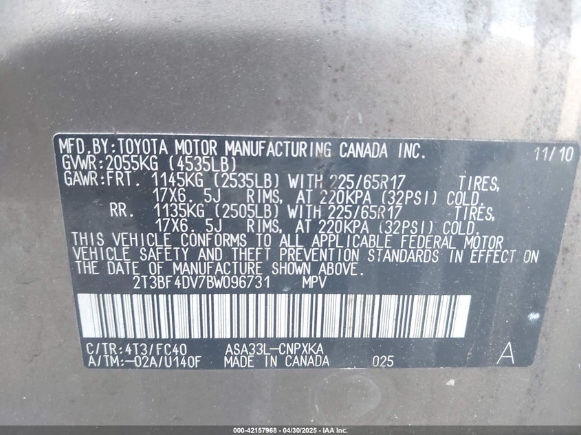 2011 TOYOTA RAV4 VIN: 2T3BF4DV7BW096731