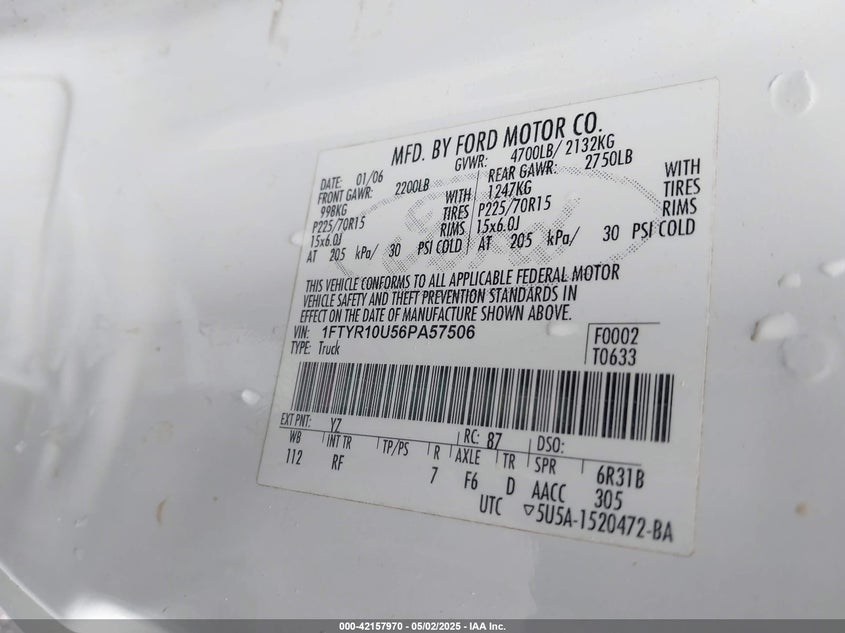 2006 FORD RANGER VIN: 1FTYR10U56PA57506