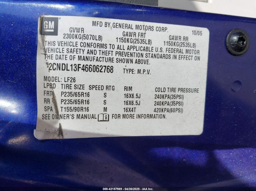 2006 Chevrolet Equinox Ls VIN: 2CNDL13F466062768 Lot: 42157989