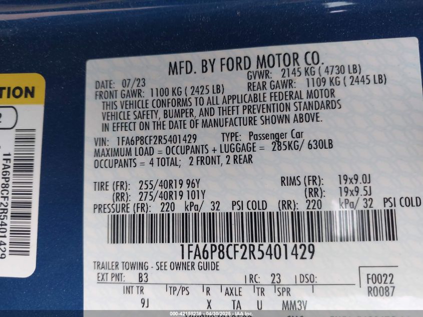 2024 Ford Mustang Gt Premium Fastback VIN: 1FA6P8CF2R5401429 Lot: 42158236