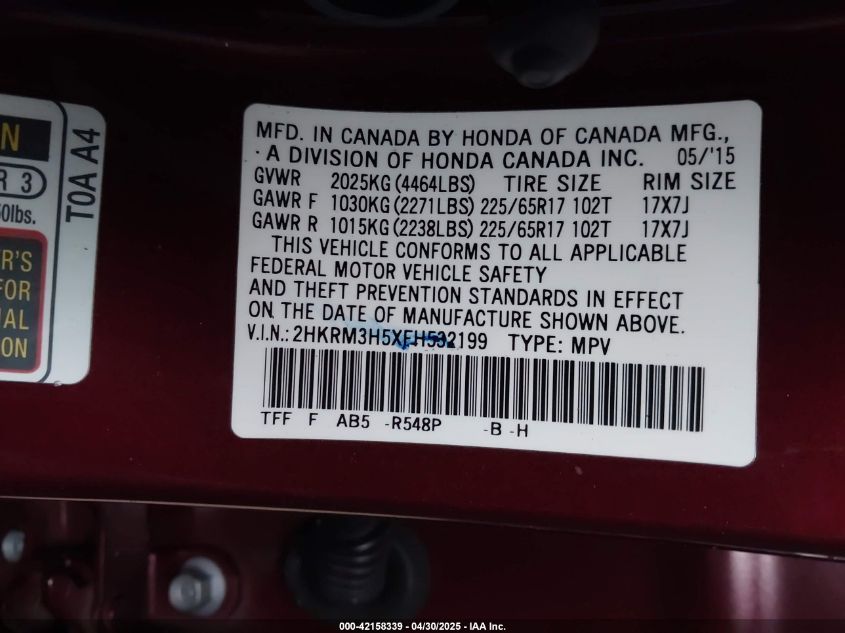 2015 Honda Cr-V Ex VIN: 2HKRM3H5XFH532199 Lot: 42158339