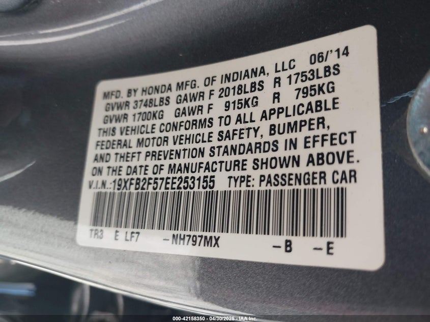 2014 HONDA CIVIC VIN: 19XFB2F57EE253155