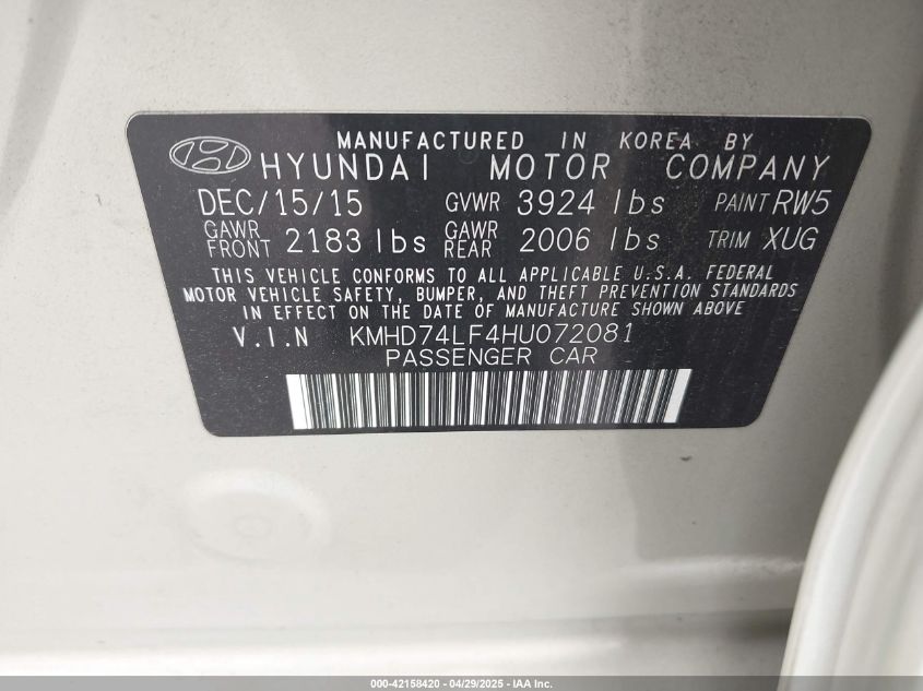 2017 Hyundai Elantra Se VIN: KMHD74LF4HU072081 Lot: 42158420