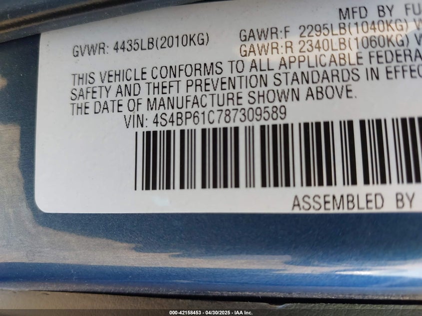 2008 SUBARU OUTBACK VIN: 4S4BP61C787309589