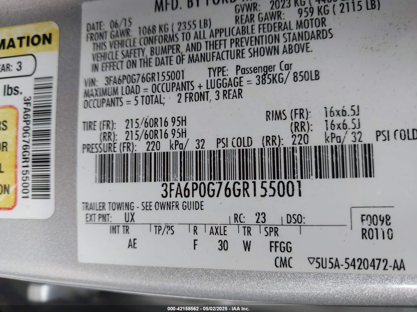 2016 FORD FUSION VIN: 3FA6P0G76GR155001