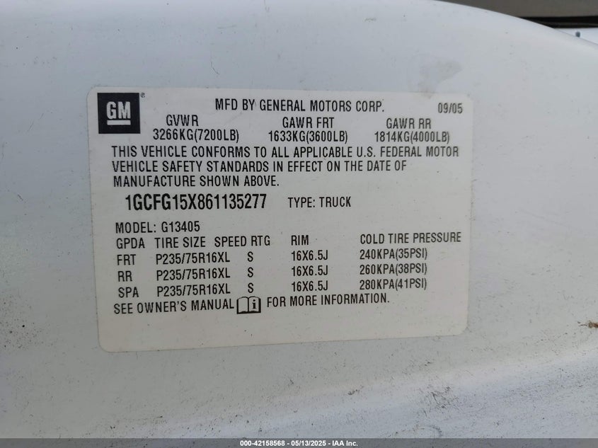 2006 CHEVROLET EXPRESS VIN: 1GCFG15X861135277